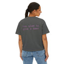 Printify eco-friendly women's graphic tee in gray with purple text saying too glam to give a dawn