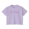 Printify eco-friendly women's graphic tee in lavender with too glam to give a dawn text