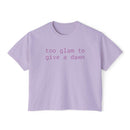 Printify eco-friendly women's graphic tee in lavender with too glam to give a dawn text