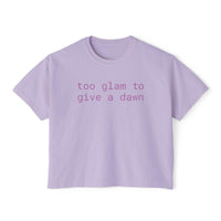 Printify eco-friendly women's graphic tee in lavender with too glam to give a dawn text