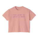Printify pink eco-friendly women's graphic tee with too glam to give a dawn text design
