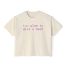 Printify eco-friendly women's graphic tee in cream with too glam to give a dawn purple text
