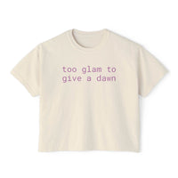 Printify eco-friendly women's graphic tee in cream with too glam to give a dawn purple text
