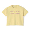 Printify eco-friendly women's graphic tee in light yellow with purple text saying too glam to give a dawn