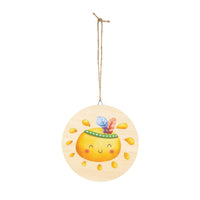 Round hanging eco-friendly wood signs with a cute smiling sun design and colorful feathers