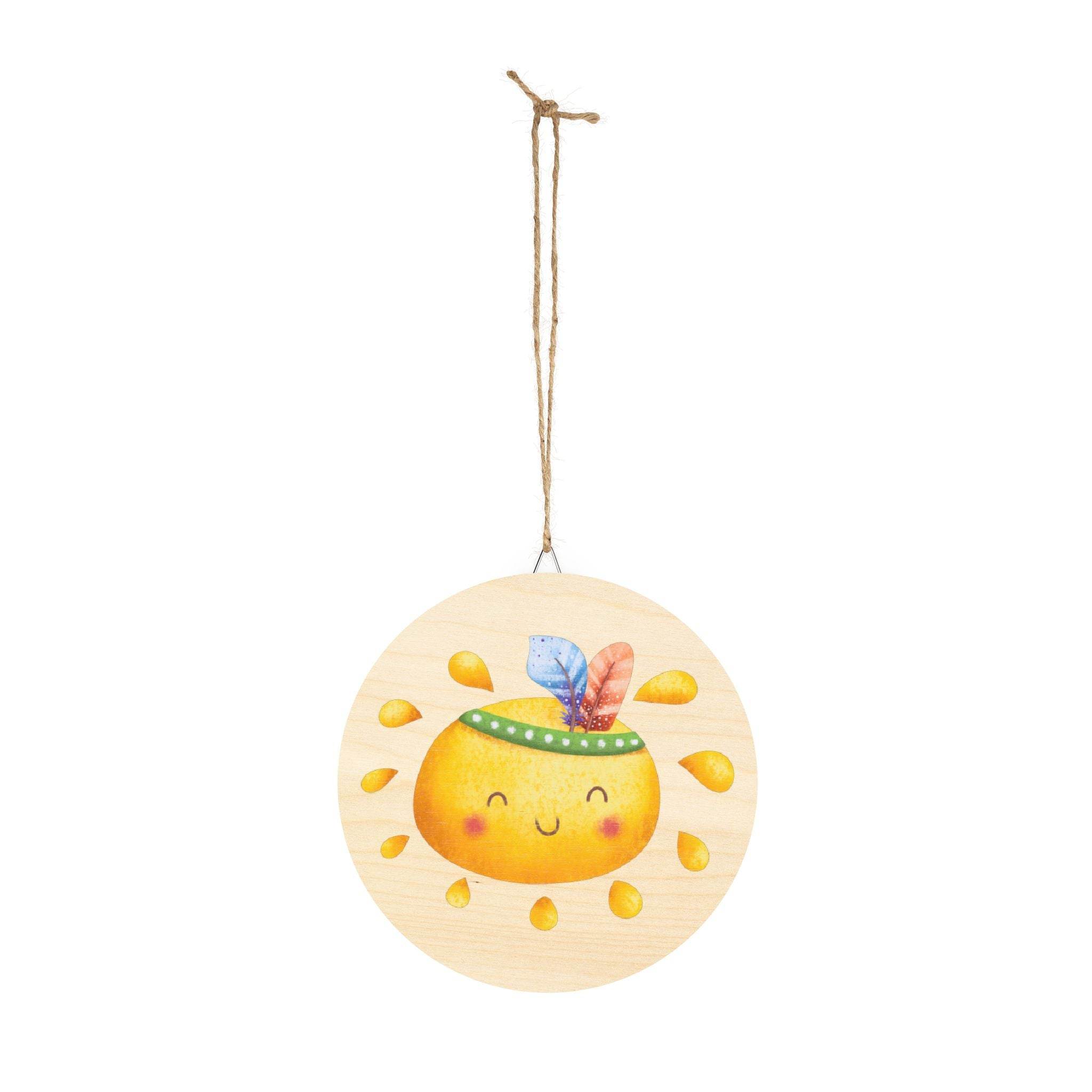 Round hanging eco-friendly wood signs with a cute smiling sun design and colorful feathers
