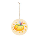Round eco-friendly wood sign with a smiling sun design and colorful feathers hanging by a twine string
