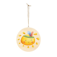 Round eco-friendly wood sign with a smiling sun design and colorful feathers hanging by a twine string