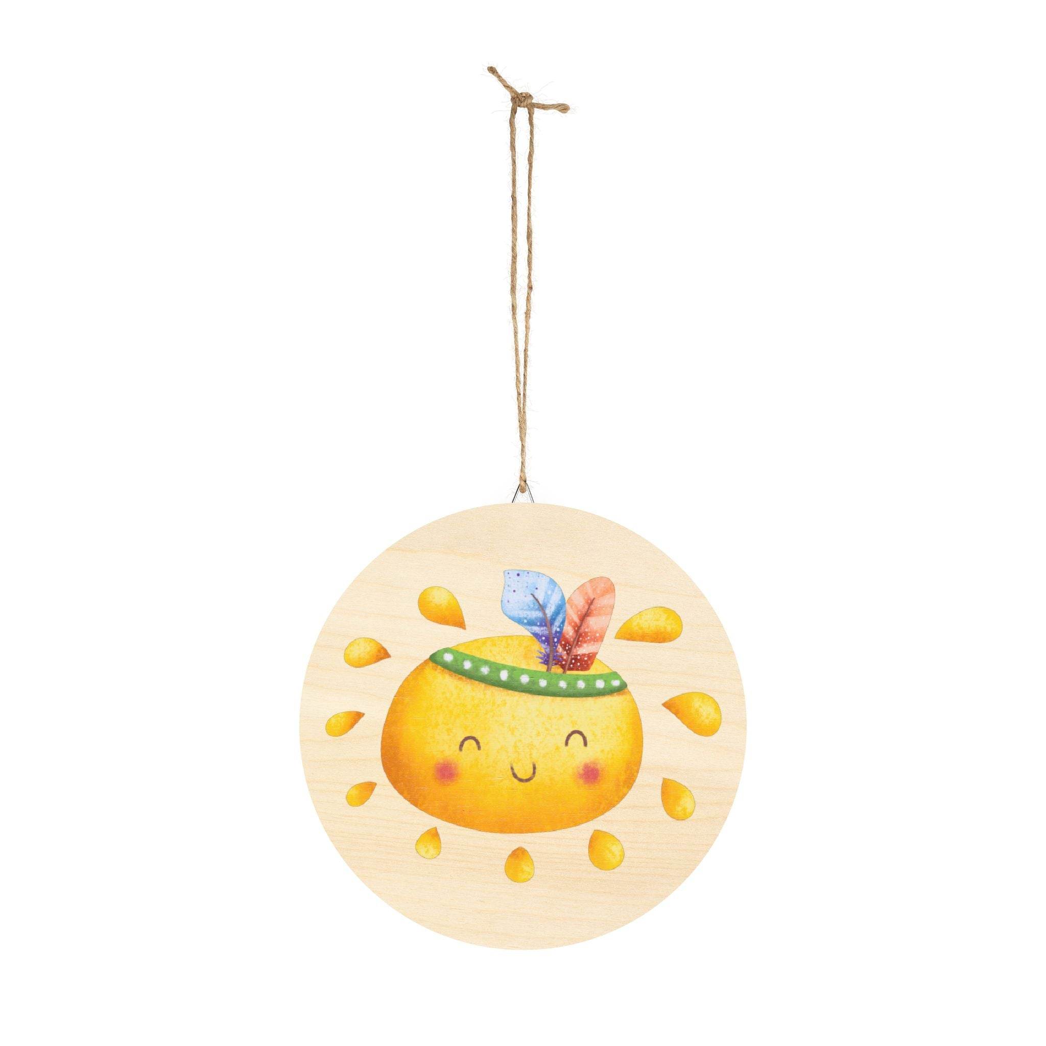 Round eco-friendly wood sign with a smiling sun design and colorful feathers hanging by a twine string