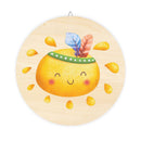 Printify round eco-friendly wood signs with smiling orange and colorful feathers home decor