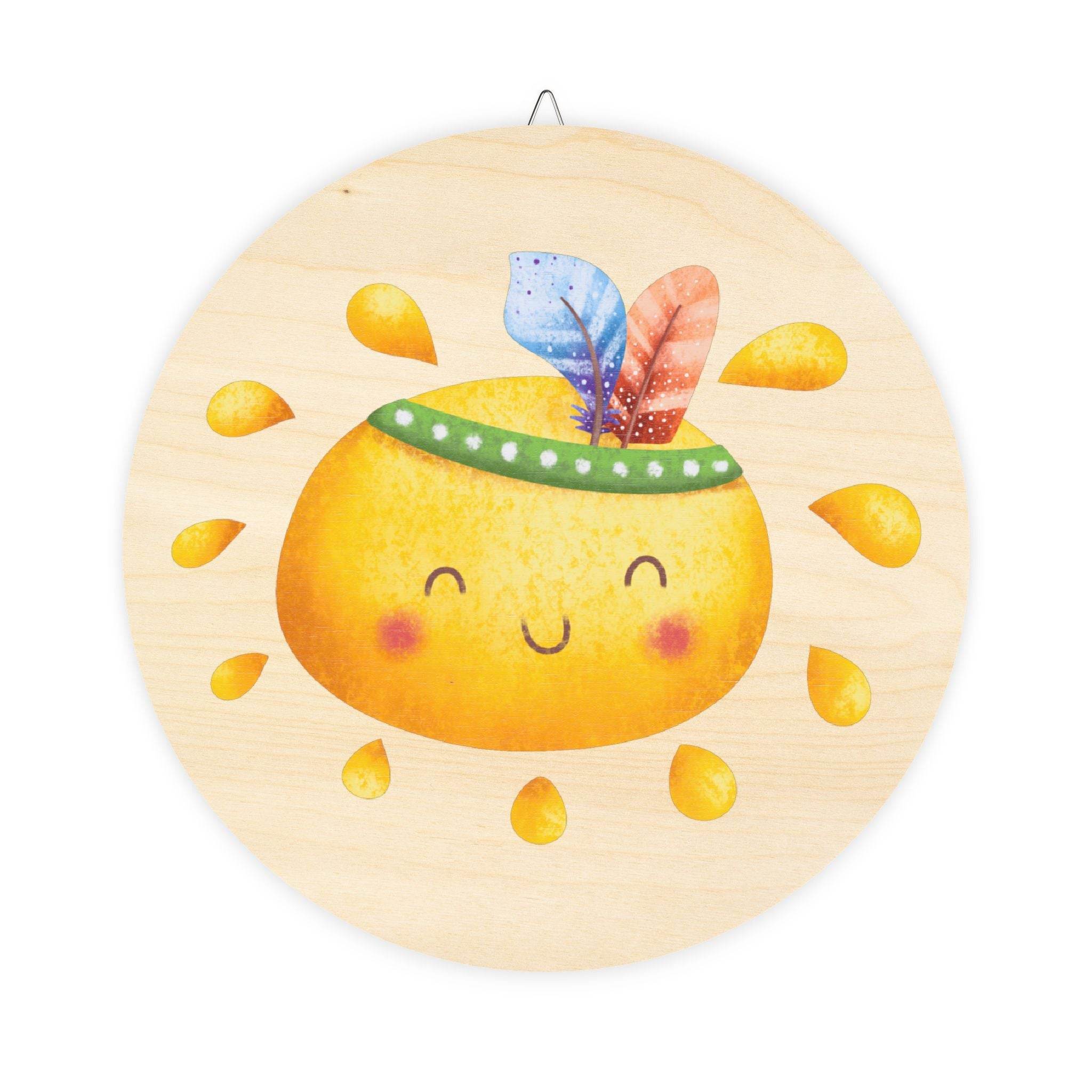Printify round eco-friendly wood signs with smiling orange and colorful feathers home decor