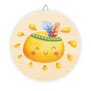 Round eco-friendly wood sign with cute smiling yellow sun wearing a feather headband decor