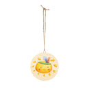 Round eco-friendly wood sign with cheerful smiling fruit design hanging by twine for home decor