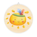 Round eco-friendly wood signs with cute smiling yellow sun and colorful feathers design