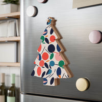 Printify eco-friendly wooden ornaments shaped like a Christmas tree with colorful leaf patterns on a silver refrigerator