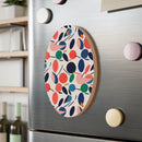 Printify eco-friendly wooden ornaments with colorful leaf and berry pattern on stainless steel fridge