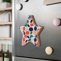 Printify eco-friendly wooden ornaments star magnet with colorful abstract leaf pattern on stainless steel fridge