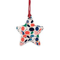 Printify eco-friendly wooden ornaments star shaped with colorful abstract leaf patterns and red hanging ribbon