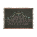 Printify eco-friendly woven blanket with fringe edges and love quote design in muted colors