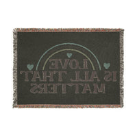Printify eco-friendly woven blanket with fringe edges and love quote design in muted colors
