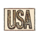 Printify eco-friendly woven blanket with USA letters in leopard print and fringe edges