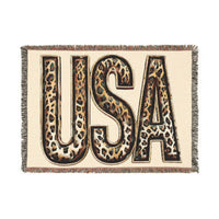 Printify eco-friendly woven blanket with USA letters in leopard print and fringe edges
