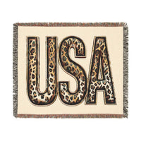 Printify eco-friendly woven blanket with USA letters in leopard print design and fringe edges