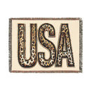 Printify eco-friendly woven blanket with USA letters in leopard print design and fringed edges