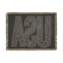 Printify eco-friendly woven blanket with dark background and large textured UPS letters design