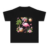 Printify black eco-friendly youth t-shirt with colorful flamingo, palm tree, sun, and floral design