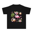 Printify black eco-friendly youth t-shirt with colorful flamingo, palm tree, sun, and floral design