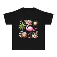 Printify black eco-friendly youth t-shirt with colorful flamingo, palm tree, sun, and floral design