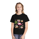 Printify eco-friendly youth t-shirt in black featuring a tropical flamingo design with palm tree and sun