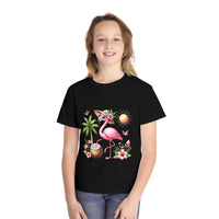 Printify eco-friendly youth t-shirt in black featuring a tropical flamingo design with palm tree and sun