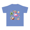 Printify eco-friendly youth t-shirt in blue with a flamingo, palm tree, coconut drink, and tropical flowers design