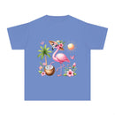 Printify eco-friendly youth t-shirt in blue with a flamingo, palm tree, coconut drink, and tropical flowers design