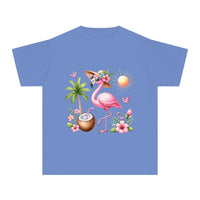 Printify eco-friendly youth t-shirt in blue with a flamingo, palm tree, coconut drink, and tropical flowers design