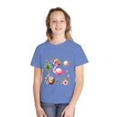 Printify eco-friendly youth t-shirt featuring a pink flamingo, palm tree, and tropical design on blue fabric