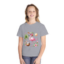 Eco-friendly youth t-shirt by Printify featuring a pink flamingo with tropical flowers on a gray shirt