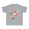 Printify eco-friendly youth t-shirt with pink flamingo, palm tree, coconut drink, and tropical flowers design