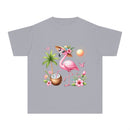 Printify eco-friendly youth t-shirt with pink flamingo, palm tree, coconut drink, and tropical flowers design
