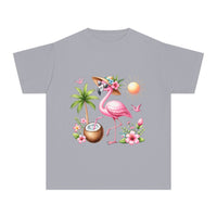 Printify eco-friendly youth t-shirt with pink flamingo, palm tree, coconut drink, and tropical flowers design
