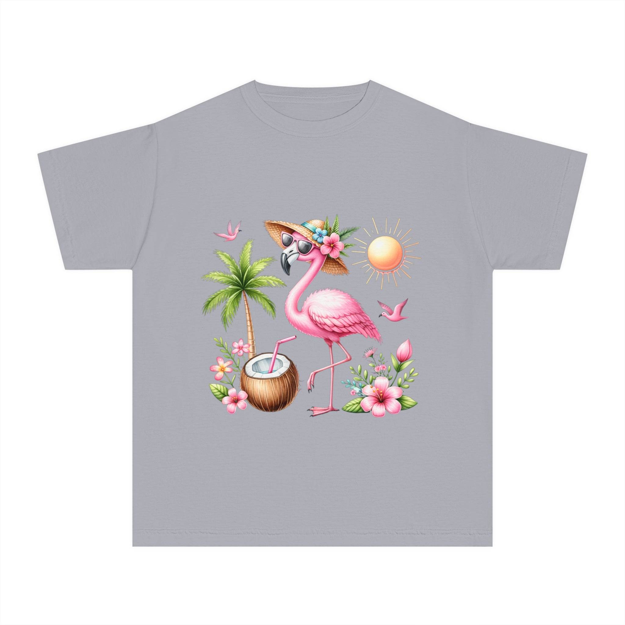Printify eco-friendly youth t-shirt with pink flamingo, palm tree, coconut drink, and tropical flowers design