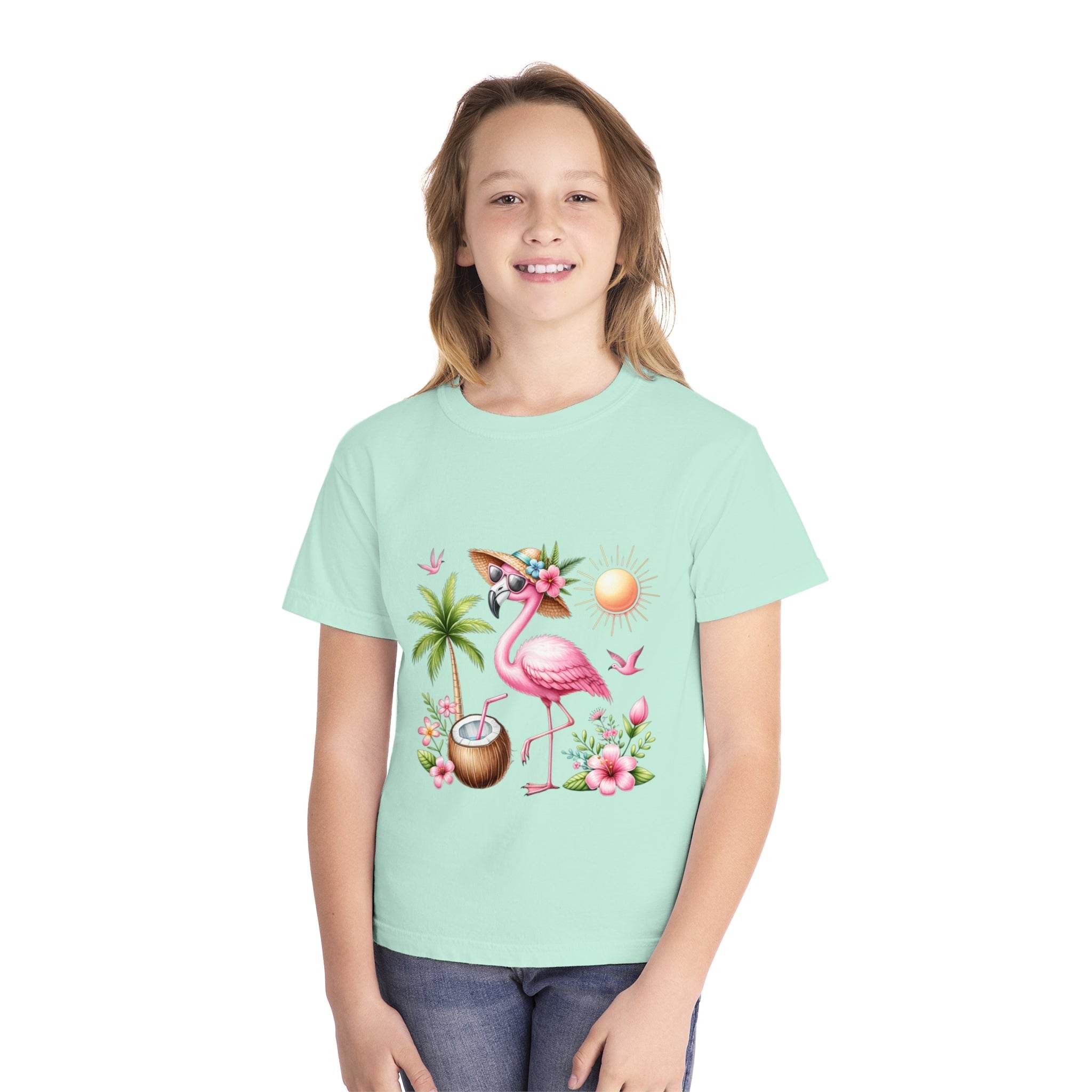 Printify eco-friendly youth t-shirt with a colorful flamingo and tropical design on light green fabric