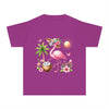 Purple eco-friendly youth t-shirt with tropical flamingo, palm tree, sun, and flowers design