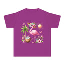 Purple eco-friendly youth t-shirt with tropical flamingo, palm tree, sun, and flowers design