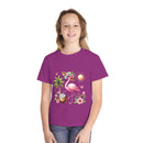 Printify eco-friendly youth t-shirt with pink flamingo, palm tree, sun, and tropical flowers design