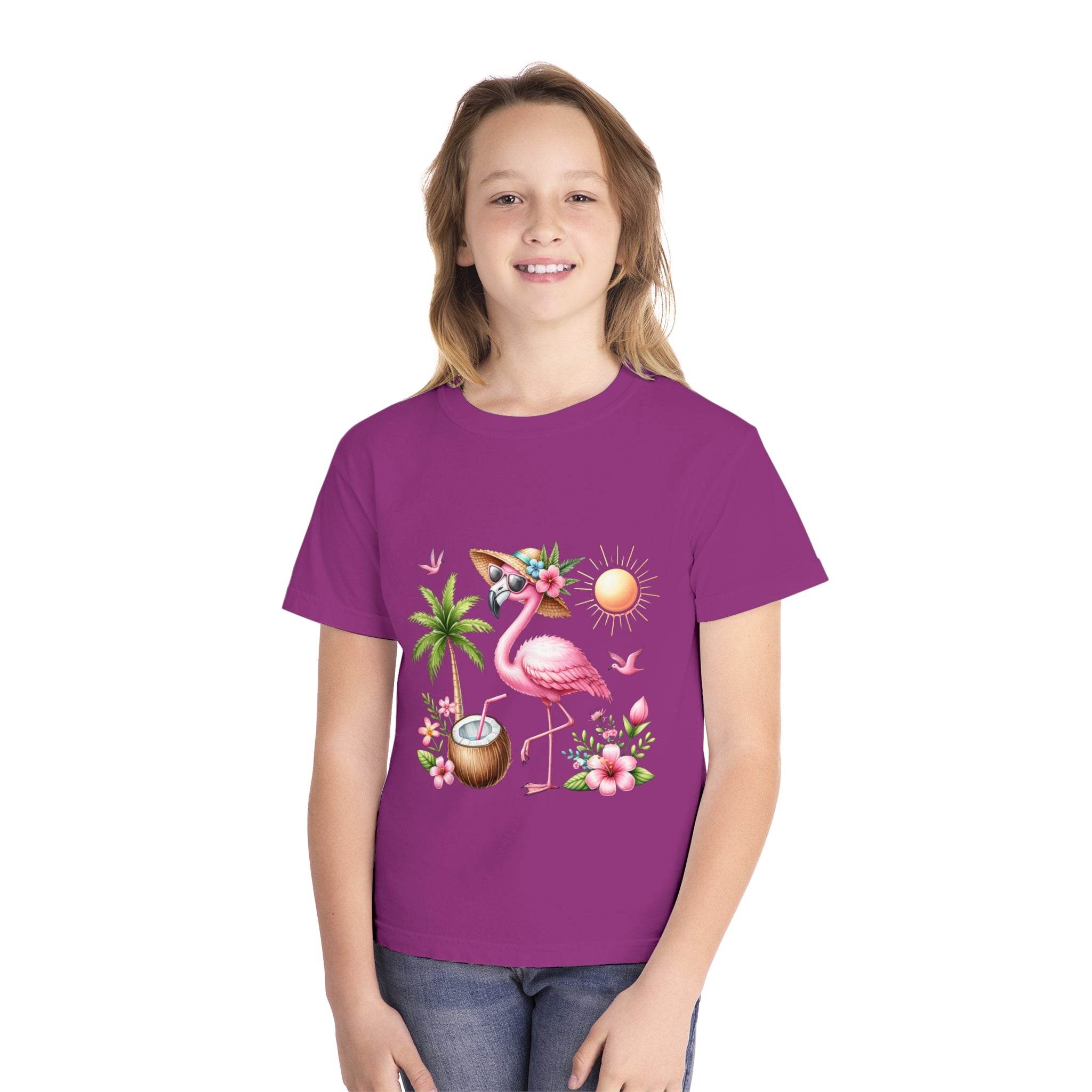 Printify eco-friendly youth t-shirt with pink flamingo, palm tree, sun, and tropical flowers design