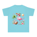 Printify eco-friendly youth t-shirt in blue with pink flamingo and tropical design