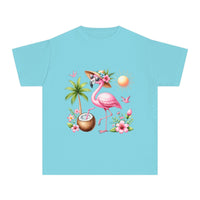 Printify eco-friendly youth t-shirt in blue with pink flamingo and tropical design